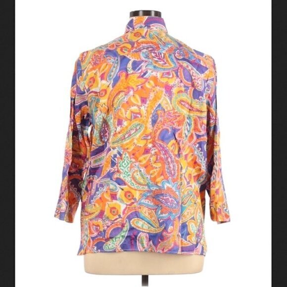Lauren Ralph Lauren Top 1X Button Down Boho Print Paisley Summer Colorful Preppy - Picture 3 of 7